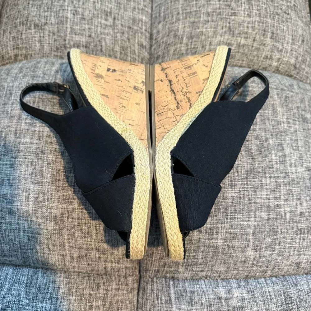 Seychelles Diamond Black Canvas Cork Wedge Slingback Sandals Women's Size 8.5